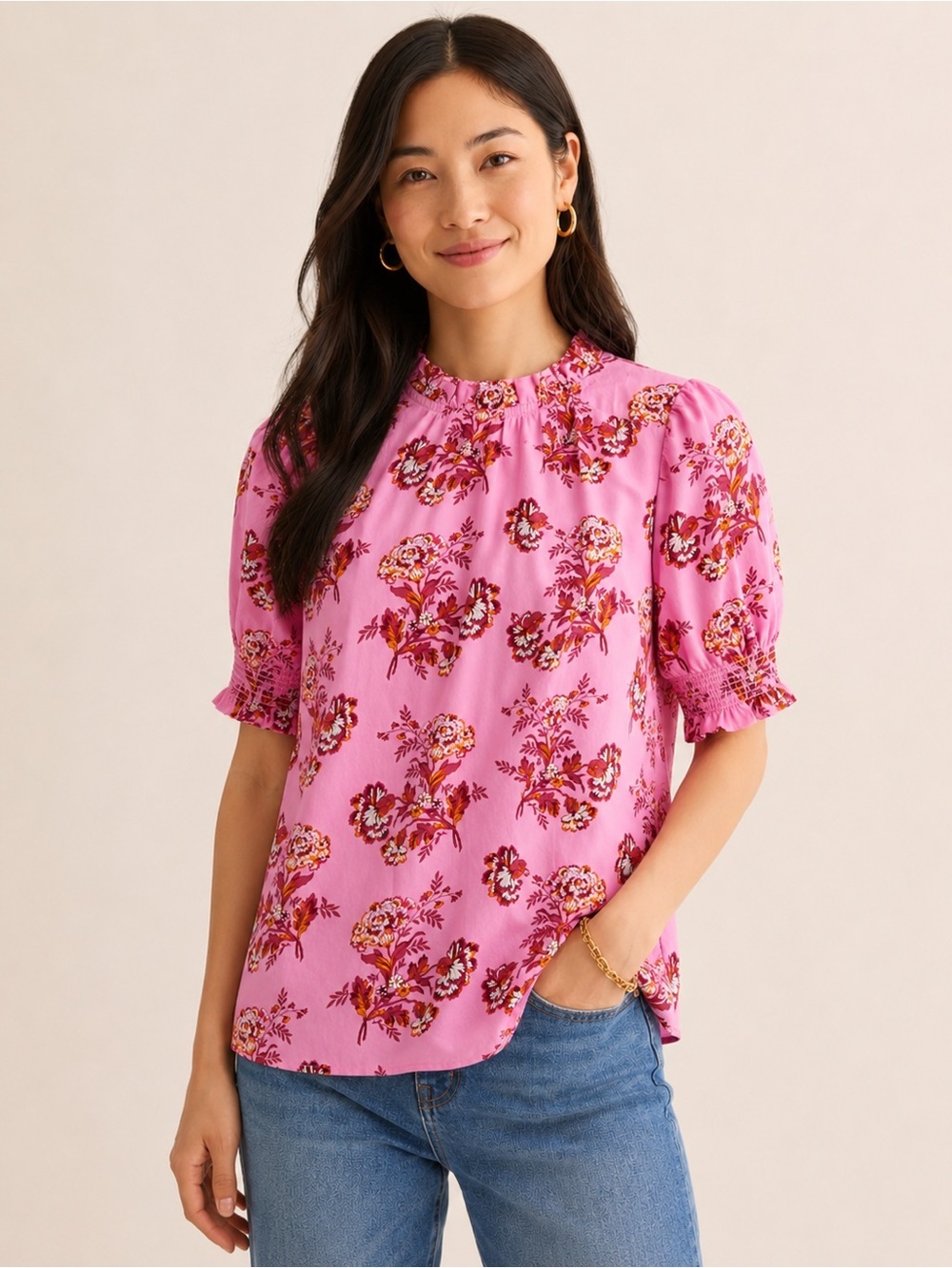 J. Crew Smocked Puff Sleeve Top Blouse in Pink Marigold Floral Print Size XS